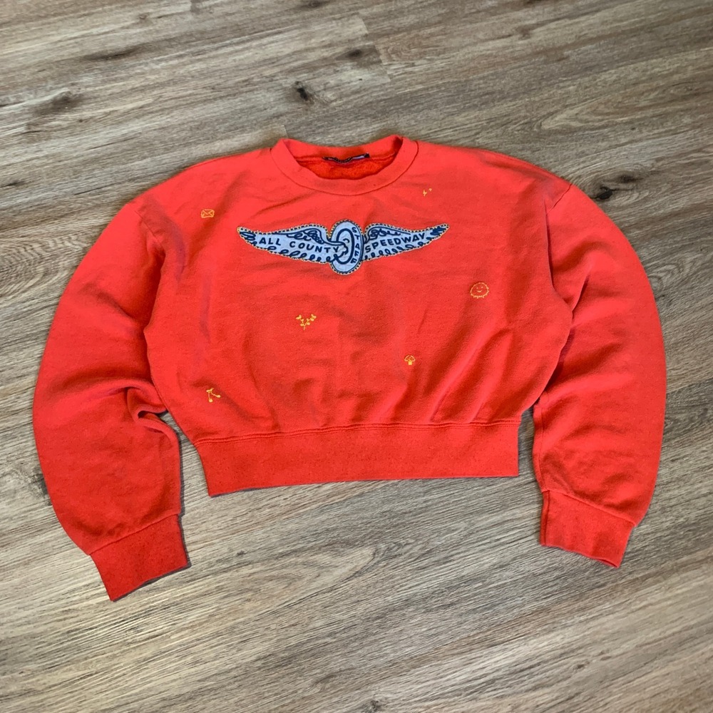 Reformation Red All County Speedway Graphic Cropped Sweatshirt Small Embroidered